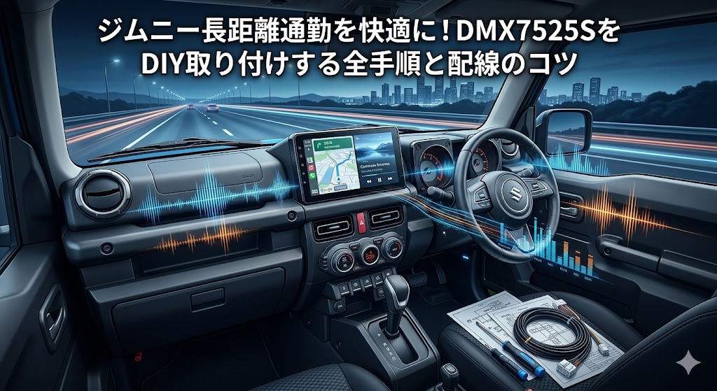 ジムニーJB64の車内にディスプレイオーディオDMX7525SをDIY取り付けしたアイキャッチ画像