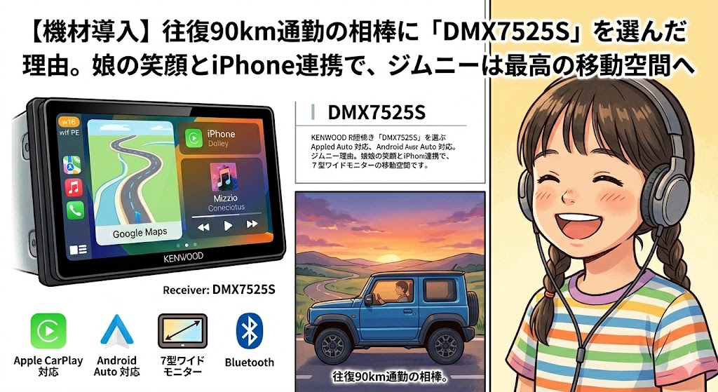 ケンウッドのディスプレイオーディオ DMX7525S、青いジムニー、笑顔の女の子のイ