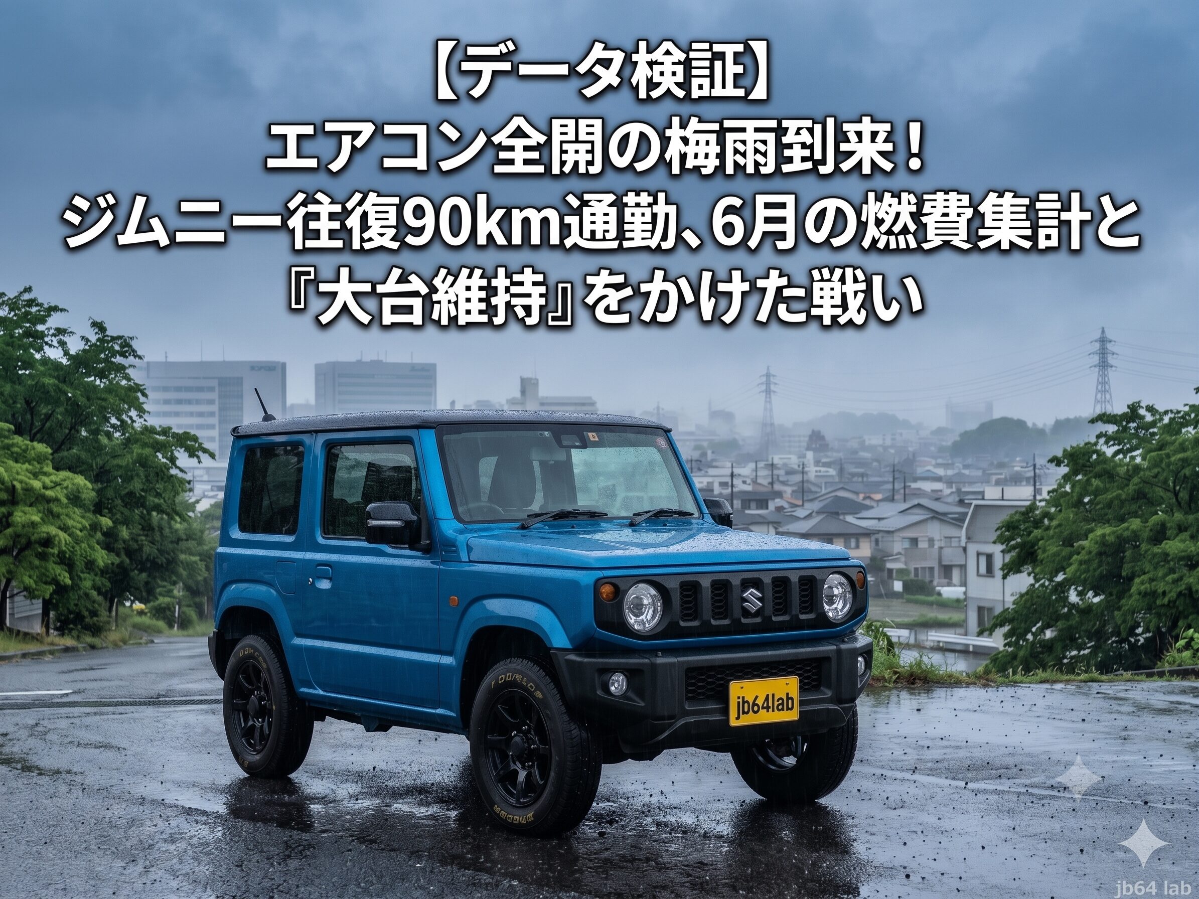 雨の中に佇む青色のジムニー（JB64）。6月の燃費集計とエアコン検証をテーマにしたブログ記事のアイキャッチ画像。