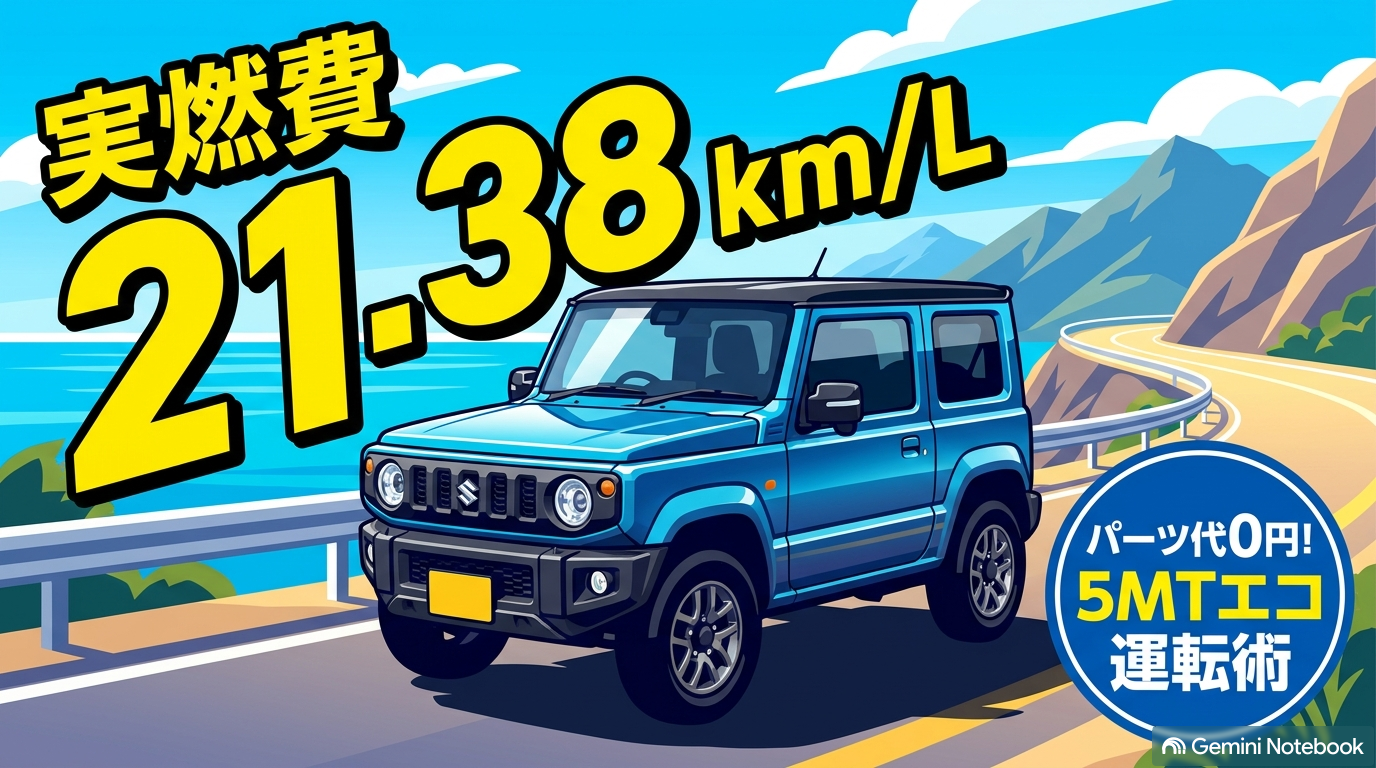 JB64ジムニー5MT 実燃費21.38km/Lとパーツ代0円エコ運転術のアイキャッチイラスト
